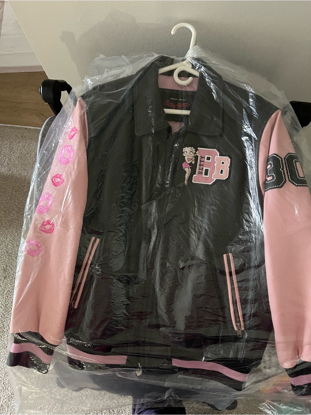 Betty Boop Black and Pink Varsity Jacket with Embroidered Patches